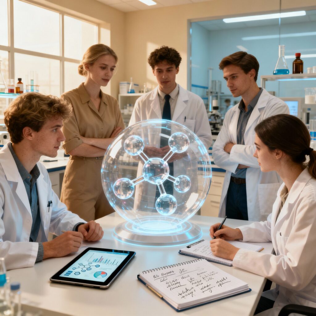 BioPharma & Therapies – biotech innovation European BioPharma team with a large transparent molecular model, research data and experimental results
