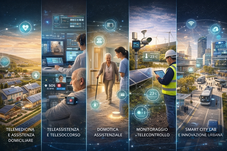 Vertical Smart Land: telemedicina, telesoccorso, domotica assistenziale, monitoraggio ambientale e smart city rappresentati come ambiti operativi distinti